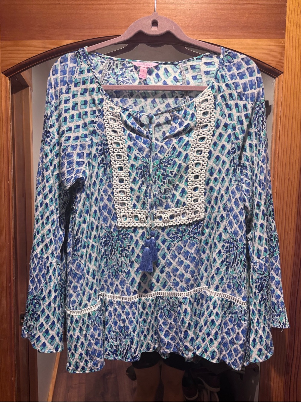 Lilly Pulitzer Blue & Teal Mosaic Peasant Blouse with Tassel Tie